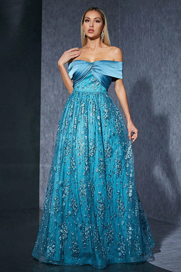 Blue Tulle Off the Shoulder Long Mother of the Bride Dress with Appliques